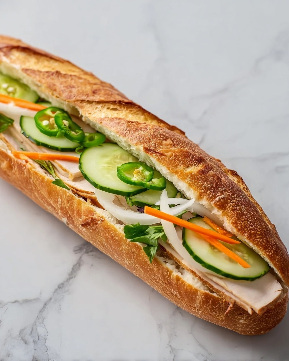 A long sandwich on a piece of toasted baguette bread with a golden-brown crust. Inside, there is a layer of light-colored sliced meat, topped with round, thin slices of green cucumber. On top of the cucumber, there are thin strips of orange carrot and white onion, along with a few green chili slices. The sandwich is placed on a white marbled surface. photo taken with an iphone --ar 4:5 --v 7