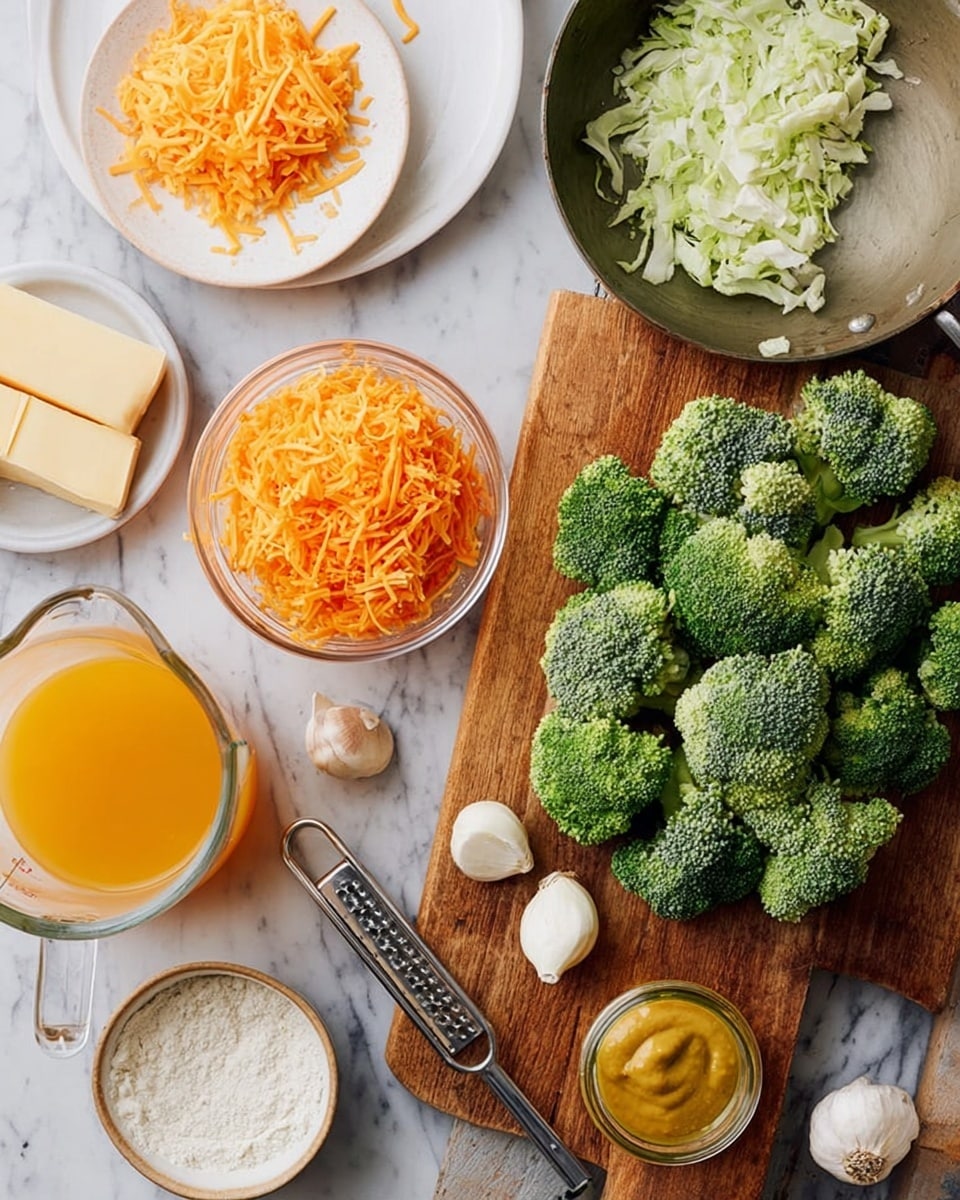 A large round metal pan sits at the top right corner above a wooden cutting board filled with fresh green broccoli florets. Below the broccoli are three garlic cloves. To the left of the cutting board, a clear glass bowl holds shredded orange carrots, sitting slightly above a bowl of finely chopped white onions. Beside these on the left, a white plate has slices of butter, and shredded orange cheese is on a white plate with a metal grater next to it. A clear measuring cup filled with orange liquid stands at the bottom left, with a small glass bowl of white flour next to the cutting board on the lower right. A jar with mustard sits near the center. The whole scene is on a white marbled surface. photo taken with an iphone --ar 4:5 --v 7