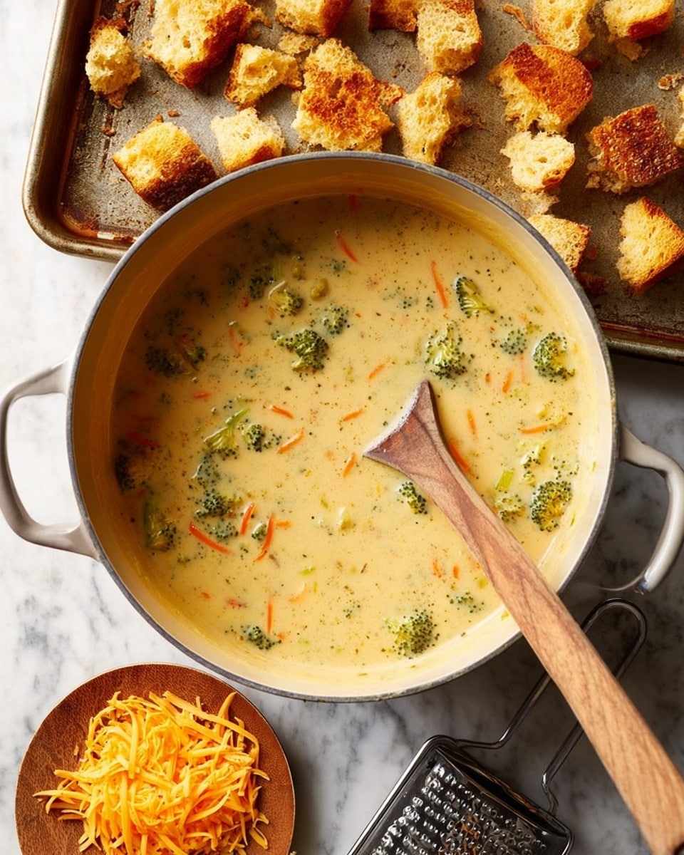 A pot filled with creamy soup containing small broccoli florets and thin carrot strips, the soup has a light beige color with specks of green and orange throughout. A wooden spoon rests inside the pot, partially submerged in the soup, showing its smooth texture. Above the pot on a metal baking tray are many small torn pieces of toasted golden brown bread with a rough texture. Below the pot is a small wooden plate with shredded orange cheddar cheese next to a metal cheese grater. The whole scene is set on a white marbled surface. photo taken with an iphone --ar 4:5 --v 7