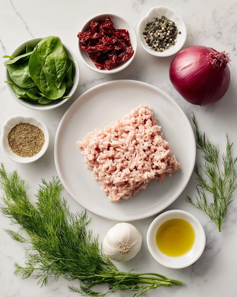 The image shows a clean white round plate holding a rectangular block of raw ground chicken, soft pink in color with a smooth, maybe slightly textured surface. Around the plate on a white marbled surface are small white bowls containing different ingredients: one bowl with bright green fresh spinach, another with sun-dried tomatoes showing deep red wrinkled pieces, and one with a mix of black and white salt and pepper grains. There is a small bowl with shiny golden olive oil and a tiny bowl filled with light brown dried oregano. Fresh dill with dark green feathery leaves is placed directly on the surface along with a whole glossy white garlic bulb and a whole round red onion with a smooth purple outer layer. photo taken with an iphone --ar 4:5 --v 7