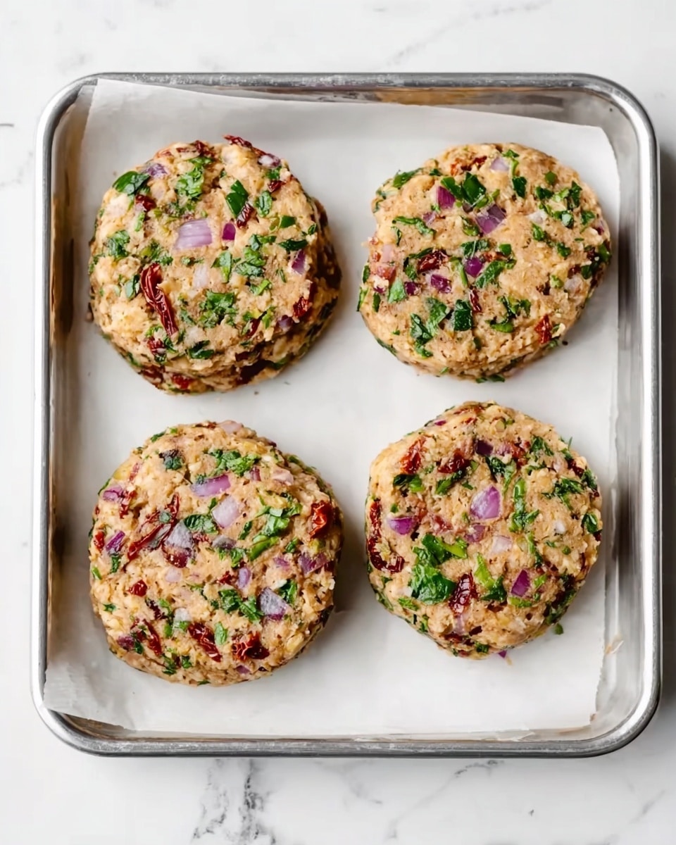 The image shows four round patties on a white tray lined with parchment paper, placed on a white marbled surface. Each patty is thick and packed with visible small pieces of red onion, chopped fresh green herbs, and bits of sun-dried tomatoes, creating a mix of red, green, and purple colors within a light beige base. The texture looks chunky with finely chopped ingredients spread evenly throughout the patties. The tray’s edges are silver, and the setting is clean and bright with natural light. photo taken with an iphone --ar 4:5 --v 7