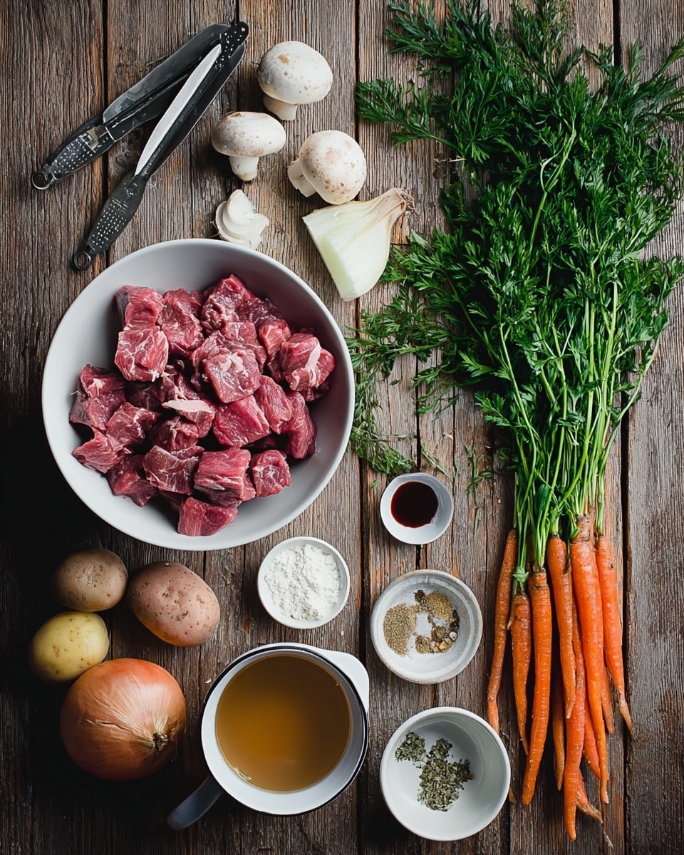 A white bowl filled with raw red beef chunks sits in the center on a wooden surface. To the right, a large bunch of fresh green carrot tops with orange carrots extends diagonally. Below the carrot bunch, a white bowl holds light brown broth. Above the beef, a few small white mushrooms and a white bowl containing white flour are placed, along with vintage silver measuring spoons holding mustard, vinegar, and a dark red powder. On the left side, a half white onion, garlic cloves, three small round potatoes in different colors, and a small white bowl with dried herbs and seasonings are scattered. The whole scene is laid out on a rustic wooden table. photo taken with an iphone --ar 4:5 --v 7