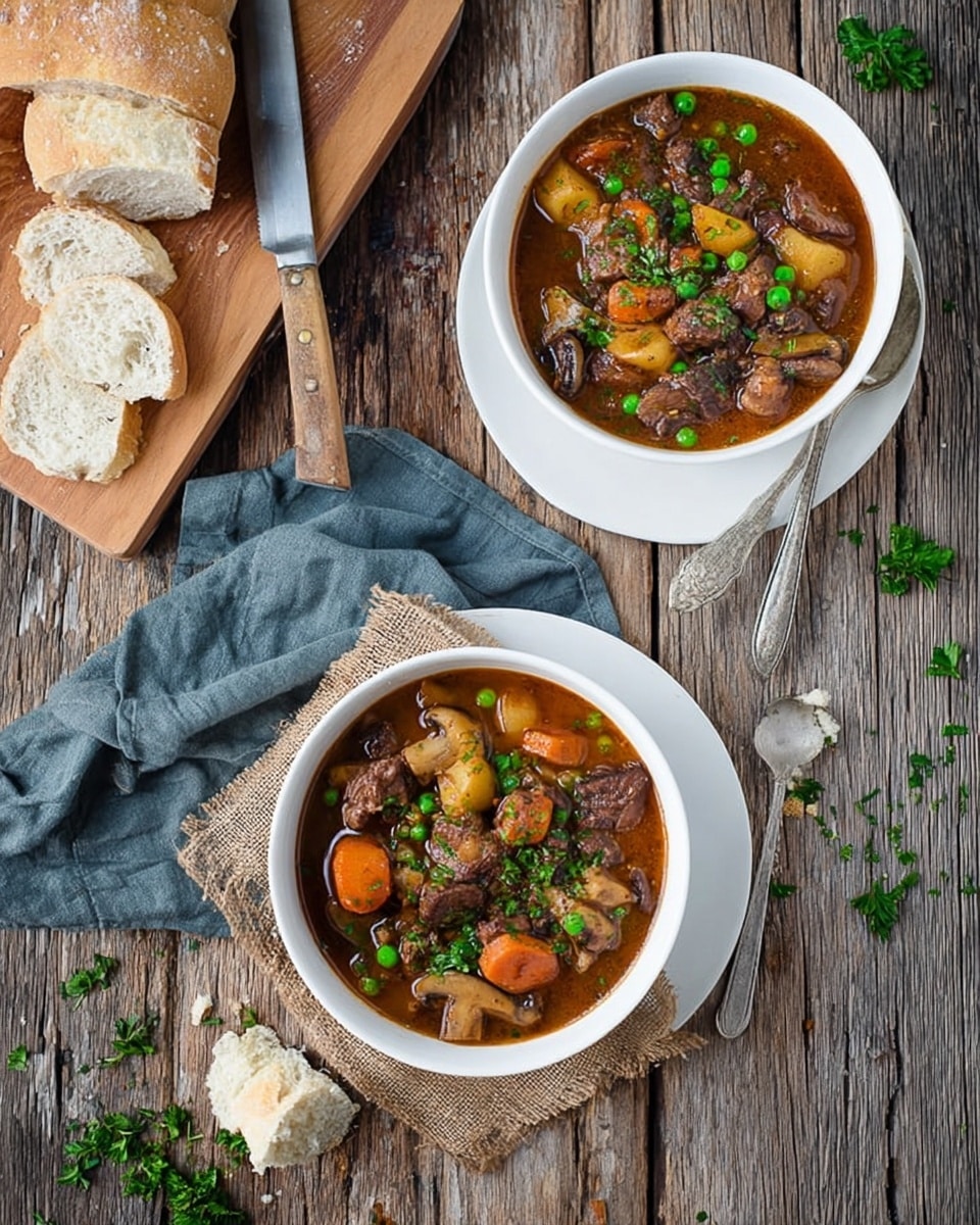 Two white bowls filled with thick beef stew sit on a wooden table. Each bowl has chunks of brown beef, orange baby carrots, green peas, sliced mushrooms, and pieces of potato in a rich brown broth, topped with chopped fresh parsley. One bowl rests on a white plate with a silver spoon on the side and some pieces of torn bread beside the bowl on a burlap square. The other bowl is similarly styled with a spoon nearby. Above the bowls is a wooden cutting board with a knife and sliced white bread, all on a wrinkled blue cloth. Small green parsley leaves are scattered around on the table. photo taken with an iphone --ar 4:5 --v 7