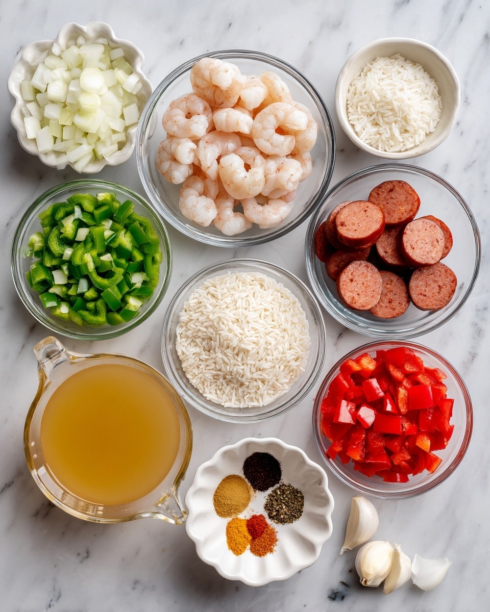 The image shows eight clear and white bowls arranged on a white marbled surface, each containing a different ingredient. At the top center, a clear bowl holds several pinkish-white raw shrimp. To the right of it, a clear bowl is filled with thick sliced smoked sausage, which has a reddish-brown color. Below the sausage, a white bowl contains raw long white rice grains. To the left of the rice, there is a clear measuring cup with golden-yellow chicken broth. Above the chicken broth, a white bowl contains small green bell pepper pieces, and next to it, another white bowl holds small chopped red bell pepper pieces. To the top left, a white bowl has diced white onions. Between the onion bowl and bell peppers, a small white bowl shows an assortment of spices in different colors: red, brown, white, black, and yellow. Below the spices, a small scalloped white dish holds several whole peeled garlic cloves. All bowls and dishes are clearly visible with neat, colorful layers of each ingredient spread evenly inside them. The background is a soft white marbled texture. photo taken with an iphone --ar 4:5 --v 7