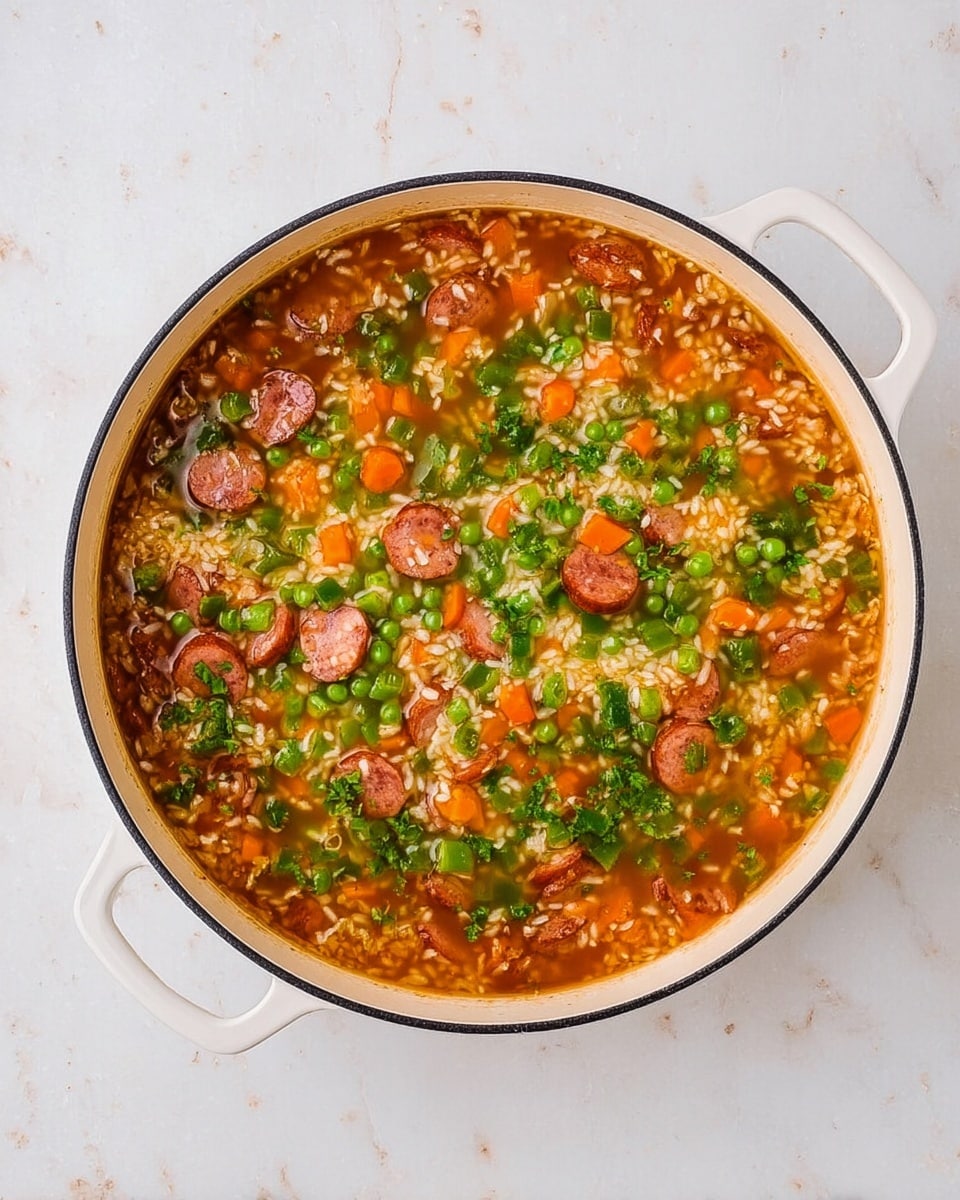 A round white pan with a black edge contains a colorful mixture of food. The base layer is a brownish liquid broth with visible rice grains floating on top. Pieces of sausage sliced into bite-sized chunks are spread evenly throughout. Diced green bell peppers and orange carrots are scattered over the surface, adding bright green and orange colors. The ingredients are mixed but not fully blended, showing clear shapes and colors. The pan is placed on a white marbled surface. photo taken with an iphone --ar 4:5 --v 7