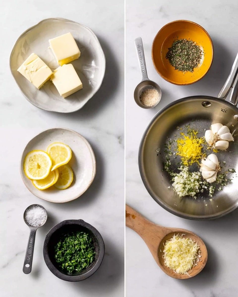 The image on the left shows six small containers on a white marbled surface, each holding different ingredients arranged neatly: a white plate with two pieces of butter, an orange small bowl filled with chopped garlic, a white plate with three lemon slices, a small silver measuring cup with green herbs, a small black bowl with lemon zest, and a black measuring spoon with salt and pepper. The image on the right features a silver frying pan on the same white marbled surface holding small piles of butter, chopped garlic, green herbs, lemon zest, and salt and pepper, placed separately inside the pan with a wooden spoon beside it. Photo taken with an iphone --ar 4:5 --v 7