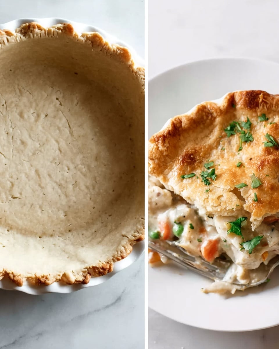 The image shows two stages of a homemade pie on a white marbled surface. On the left side, there is an empty pie crust in a round white plate, with the crust evenly pressed against the edges and light beige in color with a slightly rough texture. On the right side, there is a served piece of pot pie on a white plate. The pot pie slice has a golden-brown crust on top, with a flaky texture, and underneath there are visible layers of creamy white sauce mixed with light brown and orange pieces of filling, possibly vegetables or meat. Small bits of fresh green herbs are sprinkled on top, and a fork is pressing into the slice, showing the filling inside. photo taken with an iphone --ar 4:5 --v 7