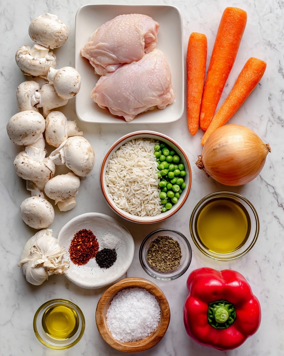 The image shows fresh raw ingredients arranged neatly on a white marbled surface. There is a white square plate in the center with two pieces of light pink raw chicken. To the upper right, bright orange carrots lay side by side. Below the carrots, a white bowl with a brown rim is filled with uncooked white rice. On the left side of the chicken, there are several fresh white mushrooms grouped together. Below the mushrooms, a small white plate holds a variety of colorful ground spices including brown, red, and black shades. A small round glass bowl filled with green peas is placed beneath the spices. To the right of the peas is a small white bowl with golden olive oil. Below the chicken and olive oil, there is a small wooden bowl filled with coarse white salt. To the right of the chicken are a whole red pepper, a whole garlic bulb, and a round yellow onion arranged in a line. The overall layout is bright and organized, showcasing each ingredient clearly. Photo taken with an iphone --ar 4:5 --v 7