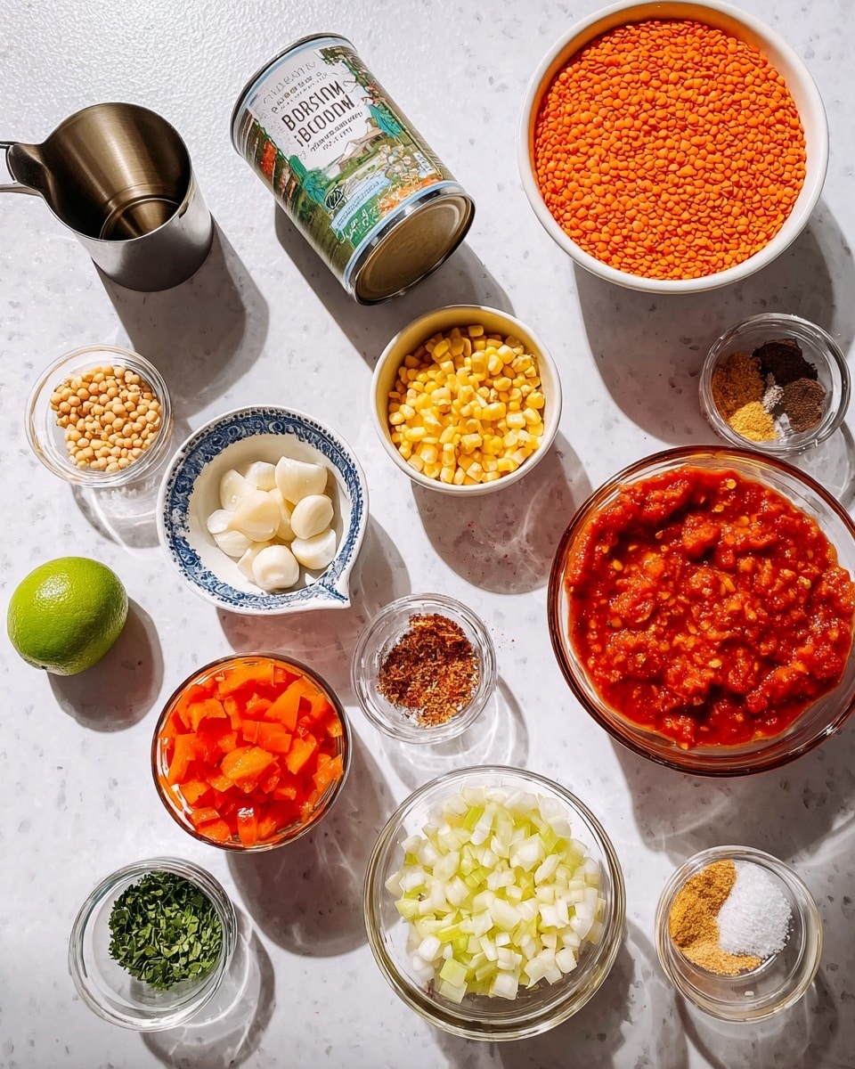 This is a top-down image showing many small bowls and containers with different ingredients on a white marbled surface. There is a white bowl filled with bright orange lentils near the center right. Below it to the right, a clear glass bowl holds rich red tomatoes with herbs. To the left of the lentils, an orange bowl has orange chopped bell peppers. Further left, a white bowl with blue trim contains chopped white onions. Above these, smaller clear bowls hold light yellow chopped garlic, various spices with brown, red, and white colors, and chopped green herbs. A can of white beans with a green and white label sits near the top center next to a green lime and a metal measuring cup filled with yellow corn. A small silver jug with olive oil is seen at the top left. The lighting is bright and natural. Photo taken with an iphone --ar 4:5 --v 7