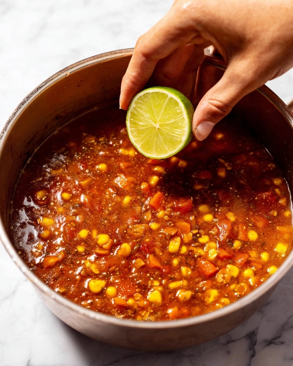 A close-up shot of a shiny metal pot filled with a thick stew that has a reddish-brown sauce mixed with visible pieces of yellow corn and small chunks of orange-red vegetables. A woman's hand is squeezing a bright green lime wedge above the stew, with the lime's juiciness highlighted by the light. The pot sits on a white marbled surface, and the lighting creates small shiny spots on the stew, showing its moist texture. Photo taken with an iphone --ar 4:5 --v 7