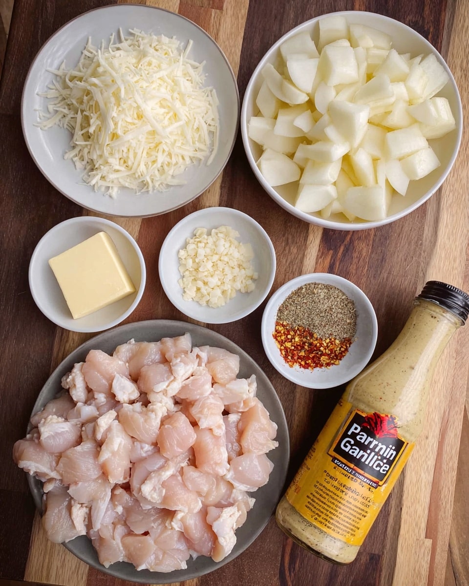 The image shows several ingredients arranged on a wooden surface. There is one plate filled with small, light pink pieces of raw chicken at the bottom center. Above it to the left, a white plate holds a pile of shredded white cheese. To the upper right, a white bowl is full of small, pale white potato cubes. Between these, three small white bowls each contain different ingredients: one has two square pieces of pale yellow butter, another holds minced light brown garlic, and the last contains a mix of red and white spices. On the right side, a bottle of Parmesan garlic sauce with a yellow label leans slightly, showcasing a creamy sauce with visible herbs inside. photo taken with an iphone --ar 4:5 --v 7
