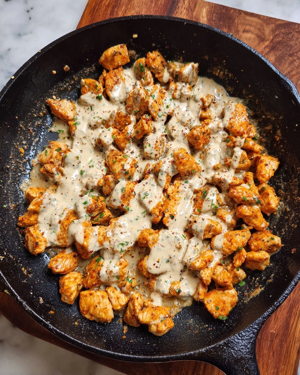 A black cast iron pan holds a single layer of small orange-brown cooked chicken pieces with a slightly crispy texture. Over the chicken, there are several uneven thick streaks of white creamy sauce with small flecks of herbs and spices. The pan rests on a white marbled surface with a wooden board visible around the edges. photo taken with an iphone --ar 4:5 --v 7