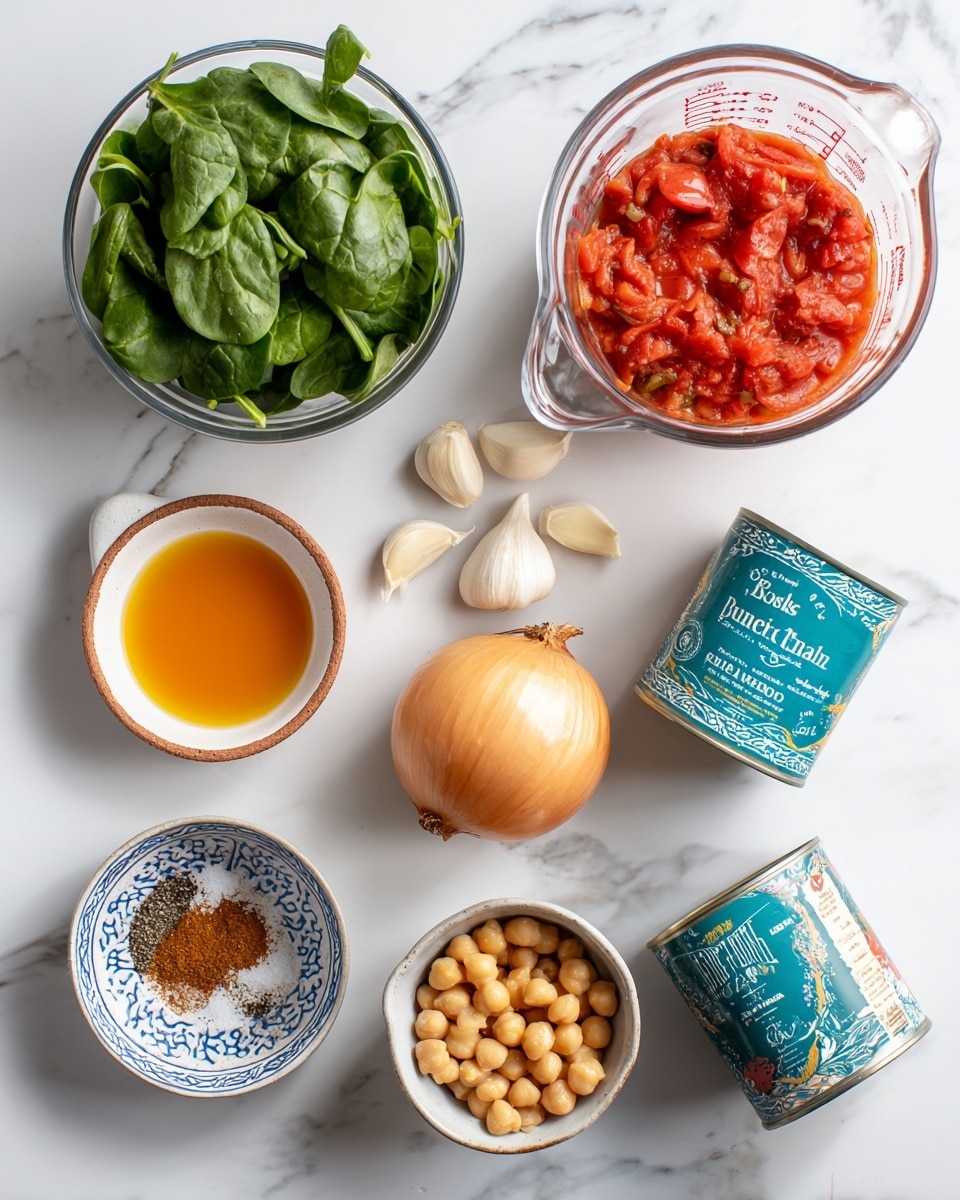 The image shows various cooking ingredients arranged on a white marbled surface. There is a small white bowl with a brown rim filled with a mix of salt and pepper in the lower left. Above it is a small round white bowl with a brown rim holding orange olive oil. To the right, a whole yellow onion rests on the surface. Nearby, there are two cans of chickpeas with blue and white labels. Above that, three cloves of garlic lie close together. A clear glass measuring cup filled with fresh green spinach leaves is on the left side. In the upper center, a glass measuring cup is full of red crushed tomatoes with visible tomato chunks. To the left of the tomatoes, a small white bowl with blue patterns holds brown ras el hanout spice. The layout is clean and minimalistic with good lighting. Photo taken with an iphone --ar 4:5 --v 7