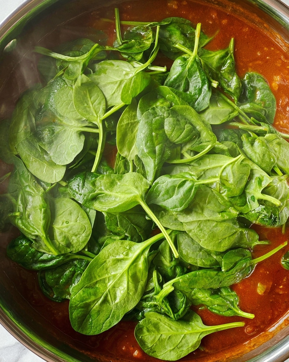 A close-up view of a pan filled with a rich red-brown sauce base at the bottom, over which a large handful of bright green fresh spinach leaves is spread, some leaves slightly touching the edge of the pan, showing their veins and stems clearly, with a hint of steam rising from the dish. The white marbled surface underneath adds a clean and bright contrast to the vibrant colors of the spinach and sauce. Photo taken with an iphone --ar 4:5 --v 7