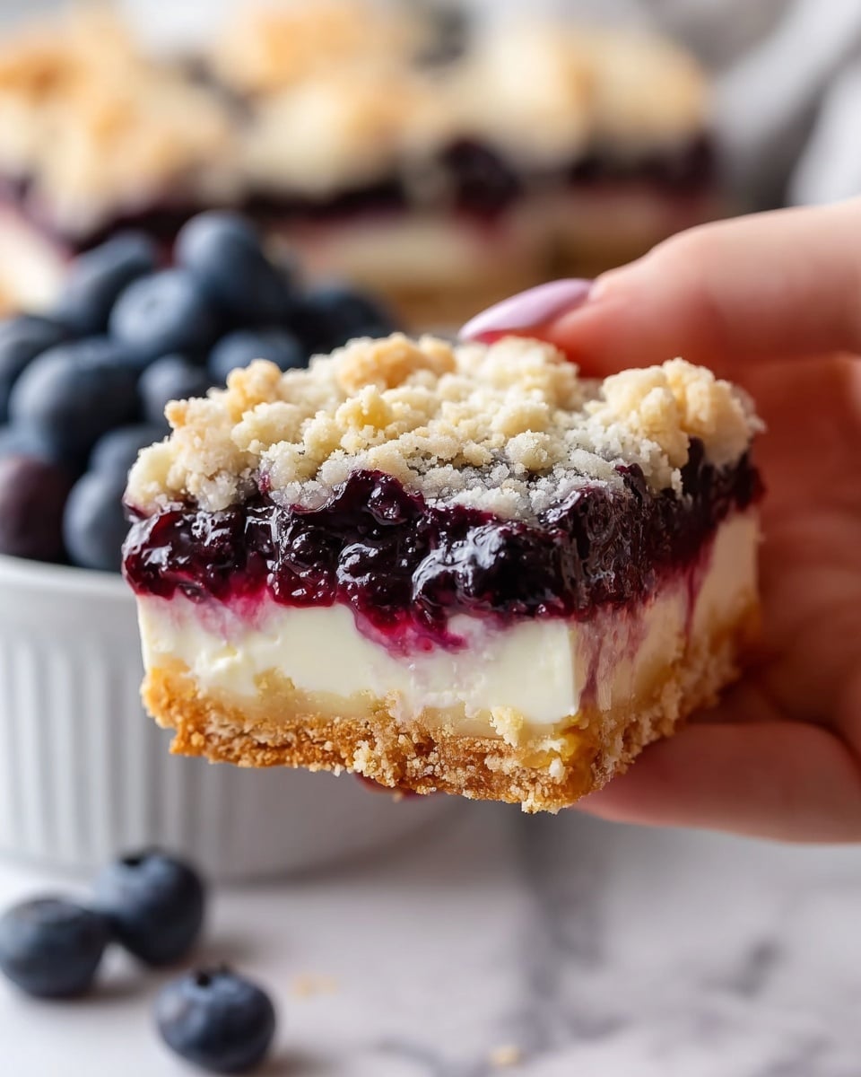 The image shows a close-up of a square dessert bar held by a woman's hand. The dessert has four visible layers: the bottom layer is a thick, golden crumbly crust; above it is a thick white cream layer, smooth and rich; the third layer is a thick, dark purple blueberry sauce that oozes slightly down the sides; the top layer consists of a crumbly, pale golden streusel. In the background, there is a white bowl filled with fresh blueberries on a white marbled surface. The photo has a bright and fresh look. photo taken with an iphone --ar 4:5 --v 7