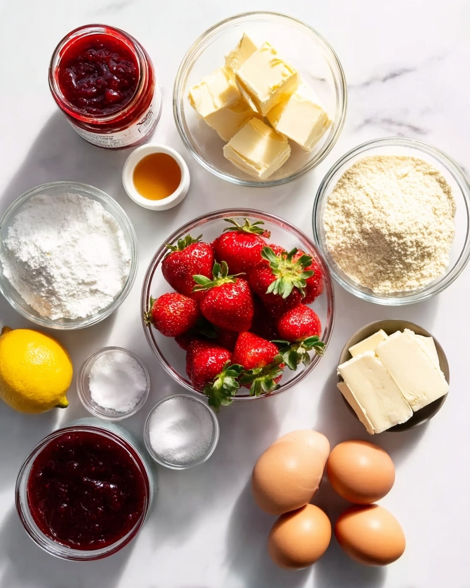The image shows ingredients for a dessert arranged neatly on a white marbled surface. There are seven items in clear glass bowls and plates, including a bowl of fresh red strawberries with green leaves in the center, a bowl of pale yellow almond flour, a bowl of white sugar, and a bowl of light yellow butter cubes. There are also three brown eggs placed directly on the surface, a small bowl of white powdered sugar, a lemon, a jar of dark red jam, and a jar of red strawberry sauce. All items are spaced evenly, with bright natural light and soft shadows highlighting their textures and colors. Photo taken with an iphone --ar 4:5 --v 7