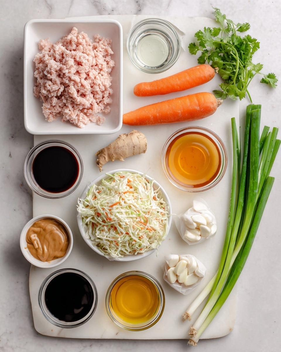 A white marbled surface holds various ingredients neatly arranged in a flat lay style. At the center left is a white tray with pink ground chicken, next to a clear small cup with a transparent liquid labeled rice vinegar. Two whole orange carrots and a small piece of beige ginger root are placed horizontally nearby. A small clear bowl with light brown peanut butter is at the bottom left, and above it are two small clear bowls filled with dark brown soy sauce and a golden yellow honey, respectively. To the right of the chicken, there are three white garlic cloves in a small round white dish, a white bag of coleslaw mix filled with white and orange shredded vegetables, and a small bunch of green cilantro in a white cup. A few long green onions lie diagonally across the bottom right, with a smaller glass bowl of amber sesame oil between the garlic and green onions. Everything is on a clean white marbled surface. Photo taken with an iphone --ar 4:5 --v 7
