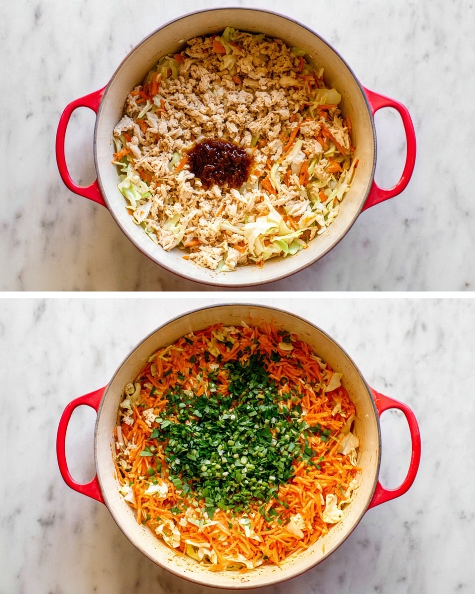 A large white pot with red handles on a white marbled surface holds a colorful mix of shredded orange carrots and white cabbage as the base layer. On top, there is a light beige layer of ground chicken and a dollop of dark brown sauce centered over it. In the next image, the same pot shows the mixture all combined, with fresh green herbs and chopped green onions added on top in the middle, creating a bright, fresh contrast against the orange and beige mix below. photo taken with an iphone --ar 4:5 --v 7