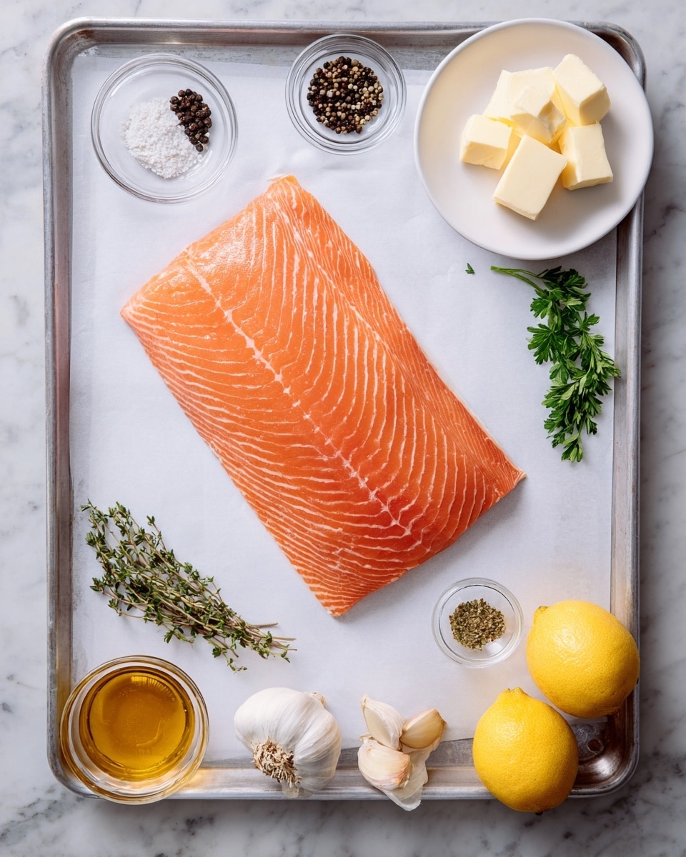 A large piece of fresh salmon with bright orange color and white lines lies flat on a sheet of white parchment paper on a metal baking tray. Above the tray are three small clear glass bowls holding black peppercorns, coarse salt, and dried herbs, along with a small bunch of fresh parsley and a white plate with several square pieces of butter. Below the tray are three sprigs of fresh thyme, a small clear glass bowl filled with golden honey, three garlic cloves with their skin, and two whole yellow lemons. All items are arranged evenly on a white marbled surface. photo taken with an iphone --ar 4:5 --v 7