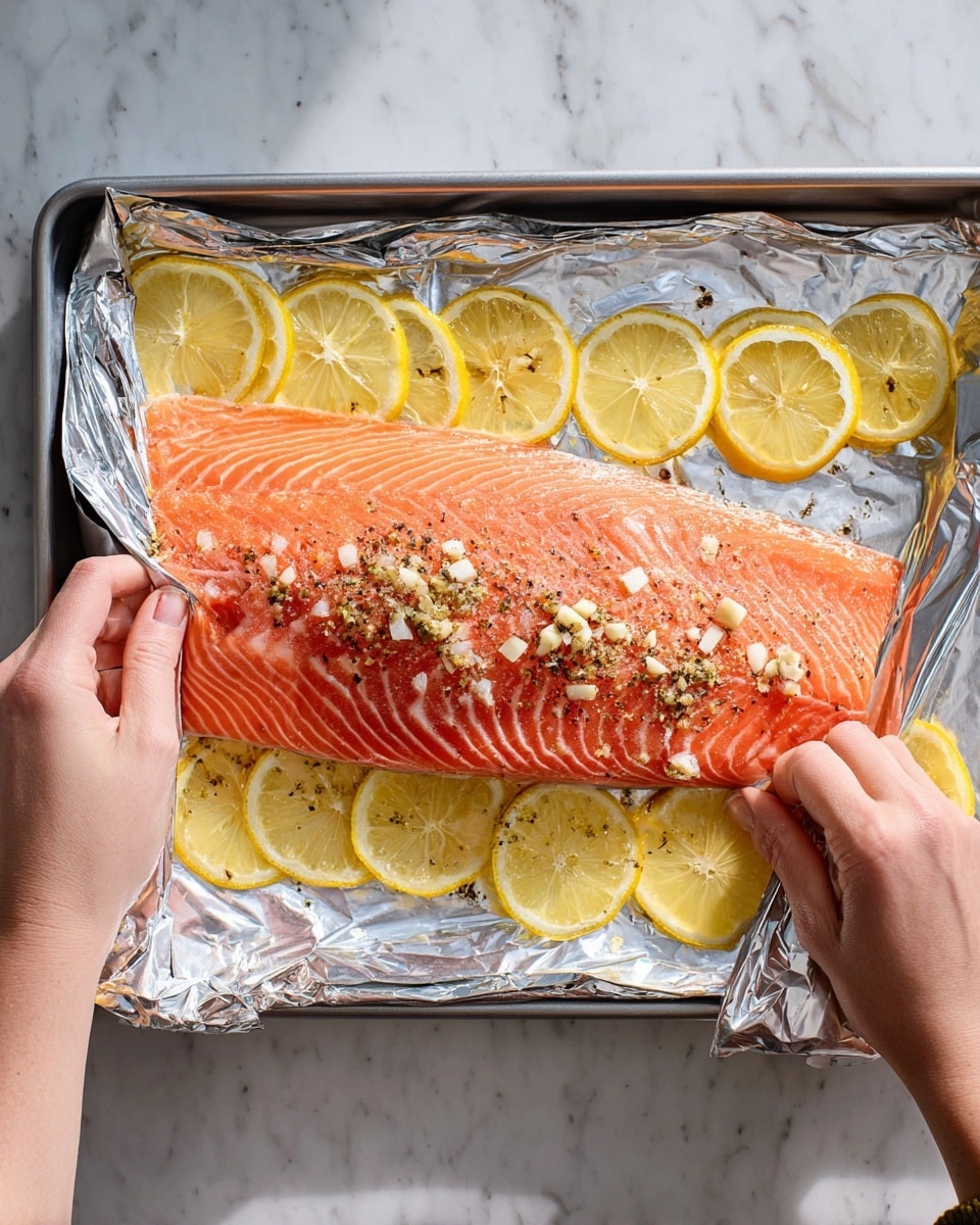 A large piece of pink-orange salmon with white lines lies on top of a layer of thin, round yellow lemon slices arranged evenly. The salmon is sprinkled with small bits of white garlic and black pepper. The fish and lemon slices rest on shiny silver foil, which is being folded by a woman's hand on each side. The foil is placed on a silver baking tray, all set on a white marbled surface. The lighting is bright and natural, showing the fresh colors clearly. Photo taken with an iphone --ar 4:5 --v 7