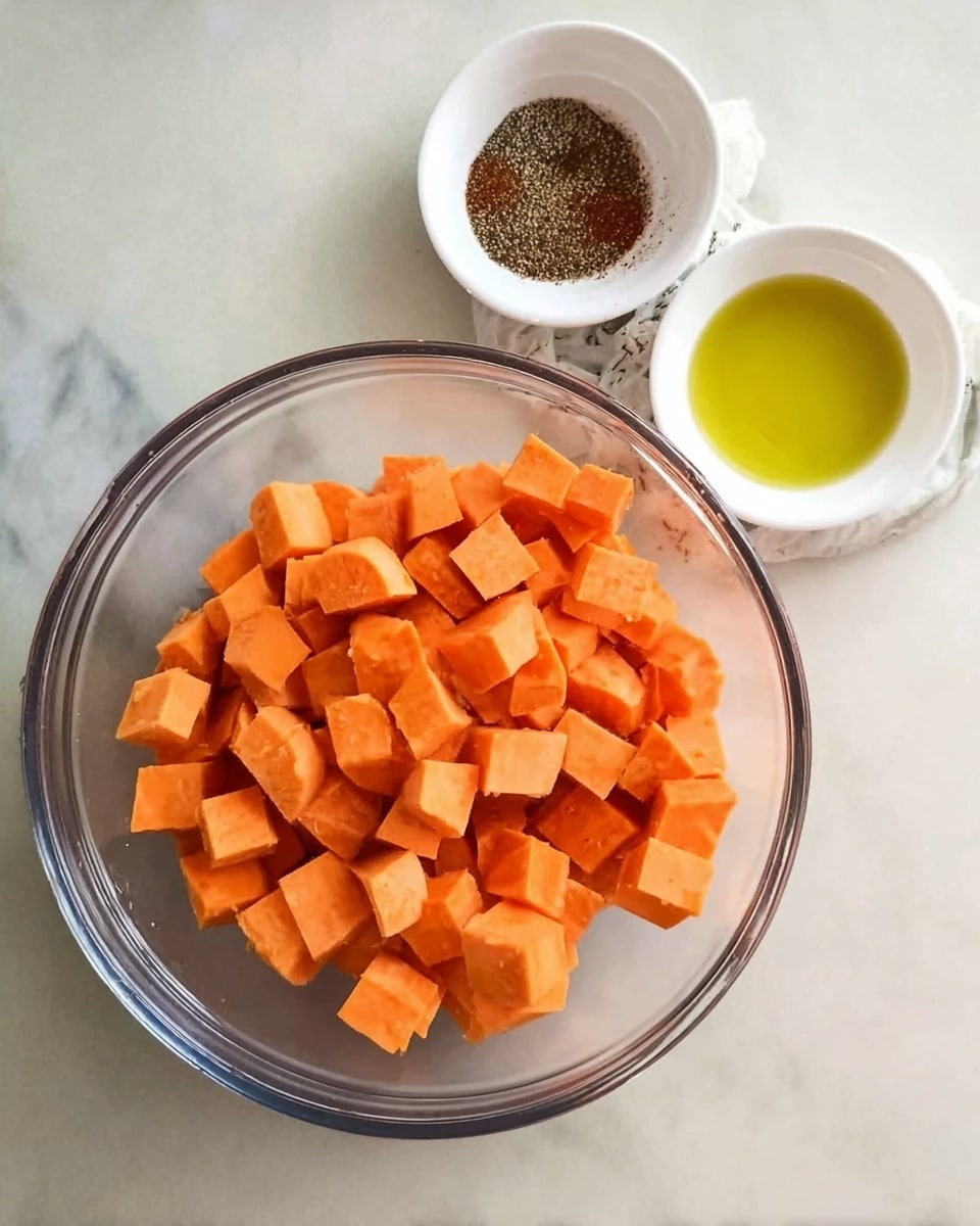 A clear glass bowl filled with bright orange, small cubes of sweet potato sits on a white marbled surface. Next to the bowl are two small white bowls; one contains a dark brown spice mix, and the other holds a light greenish olive oil. The image is viewed from above, showing each ingredient clearly and neatly arranged. Photo taken with an iphone --ar 4:5 --v 7