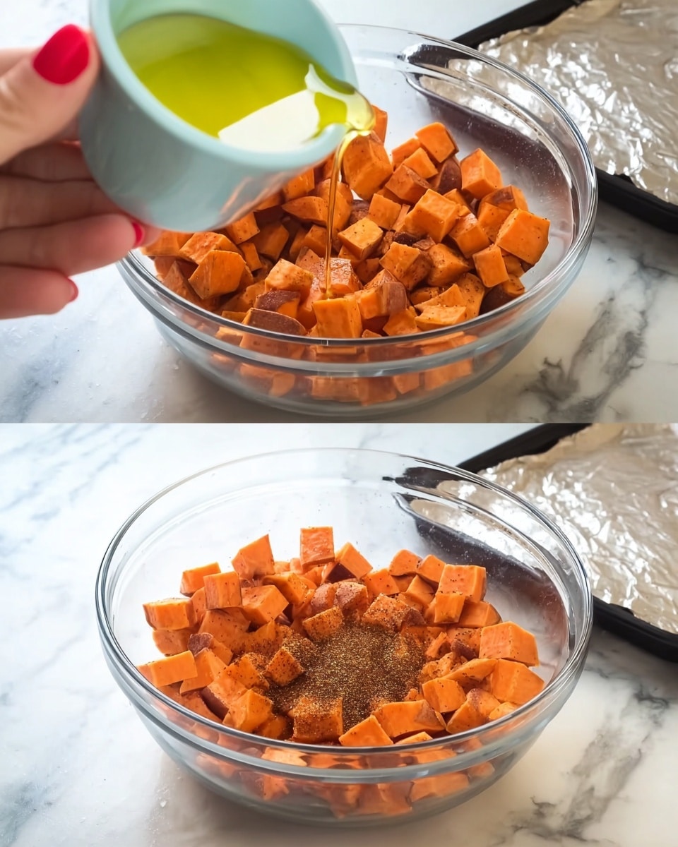 A clear glass bowl filled with small, orange cubes of sweet potatoes. In the first image, a woman's hand with red nail polish pours light green olive oil from a small light blue cup over the sweet potato cubes. In the second image, the same woman's hand sprinkles a fine layer of dark brown spice over the sweet potato cubes inside the same bowl. The bowl is placed on a white marbled surface with an aluminum foil sheet and a black tray visible in the background. photo taken with an iphone --ar 4:5 --v 7
