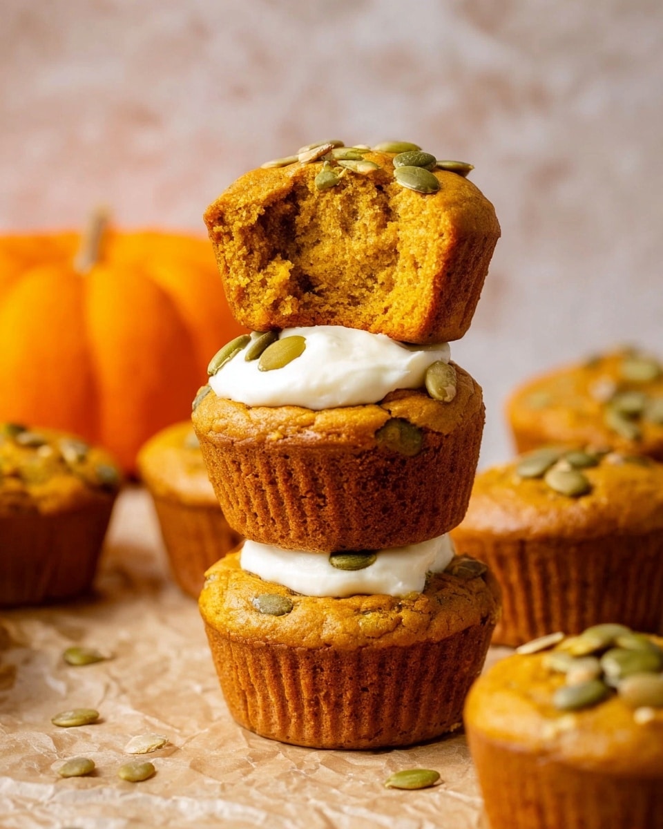 The image shows a stack of three pumpkin muffins placed on a crinkled paper surface with a white marbled texture background. Each muffin is golden brown with small green pumpkin seeds scattered on top. The middle muffin in the stack has a layer of creamy white frosting peeking through, and the top muffin is bitten, revealing a soft, moist, orange interior with a smooth white filling at its center. Additional muffins with the same colors and texture surround the stack, and a blurred orange pumpkin is visible in the background. photo taken with an iphone --ar 4:5 --v 7