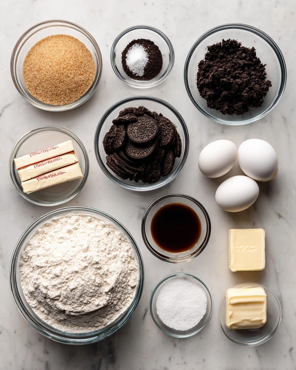 A flat lay image shows clear glass bowls with ingredients on a white marbled surface. There are nine bowls and two butter sticks arranged evenly. Starting from the top left, a bowl with light brown sugar granules, next to it a bowl filled with dark brown Oreo crumbs, and then a bowl with black cocoa powder on the right. In the middle row, a bowl with white sugar sits in the center. To the far right, there is a bowl with two white eggs. On the bottom left, a large bowl is filled with white flour with a small dent in it. Next to it is a small bowl with dark brown vanilla liquid, followed by a tiny bowl with white salt. Finally, two very small bowls rest side by side at the lower right corner, one with white baking soda and the other with baking powder. Two butter sticks with light yellow color and red text are placed near the flour bowl. Photo taken with an iphone --ar 4:5 --v 7