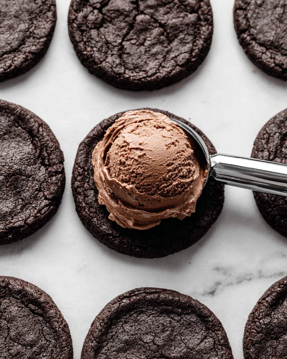The image shows a close-up of dark chocolate cookies placed on a white marbled surface. Each cookie is round, flat, and has a slightly rough texture with cracks on the surface. In the center of the image, there is a scoop of thick, creamy chocolate filling being placed on one cookie using a metal ice cream scoop. The creamy layer looks smooth and fluffy with a rich chocolate brown color. The cookies are arranged with some spacing around, giving a neat and clean look. Photo taken with an iphone --ar 4:5 --v 7