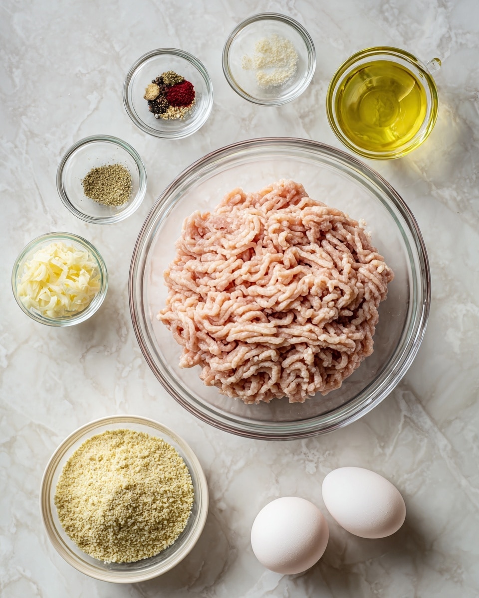 A glass bowl in the center holds two layers of ground meat, the top layer is pale pink while the bottom layer is light beige, both with a smooth, slightly wavy texture. Around it, on a white marbled surface, there are six small, clear or white containers: starting top left, a small glass bowl with four spices in sections of red, black, white, and tan; below it, a tiny glass bowl with finely chopped pale yellow garlic. In the middle left, a white ceramic bowl with a rough, grainy pale yellow powder; next to it on the right, a glass bowl with coarse, greenish-yellow breadcrumbs. Bottom left shows a small glass bowl with clear oil, and at bottom right, a glass bowl holds two whole white eggs. The arrangement is neat and spaced out. Photo taken with an iphone --ar 4:5 --v 7