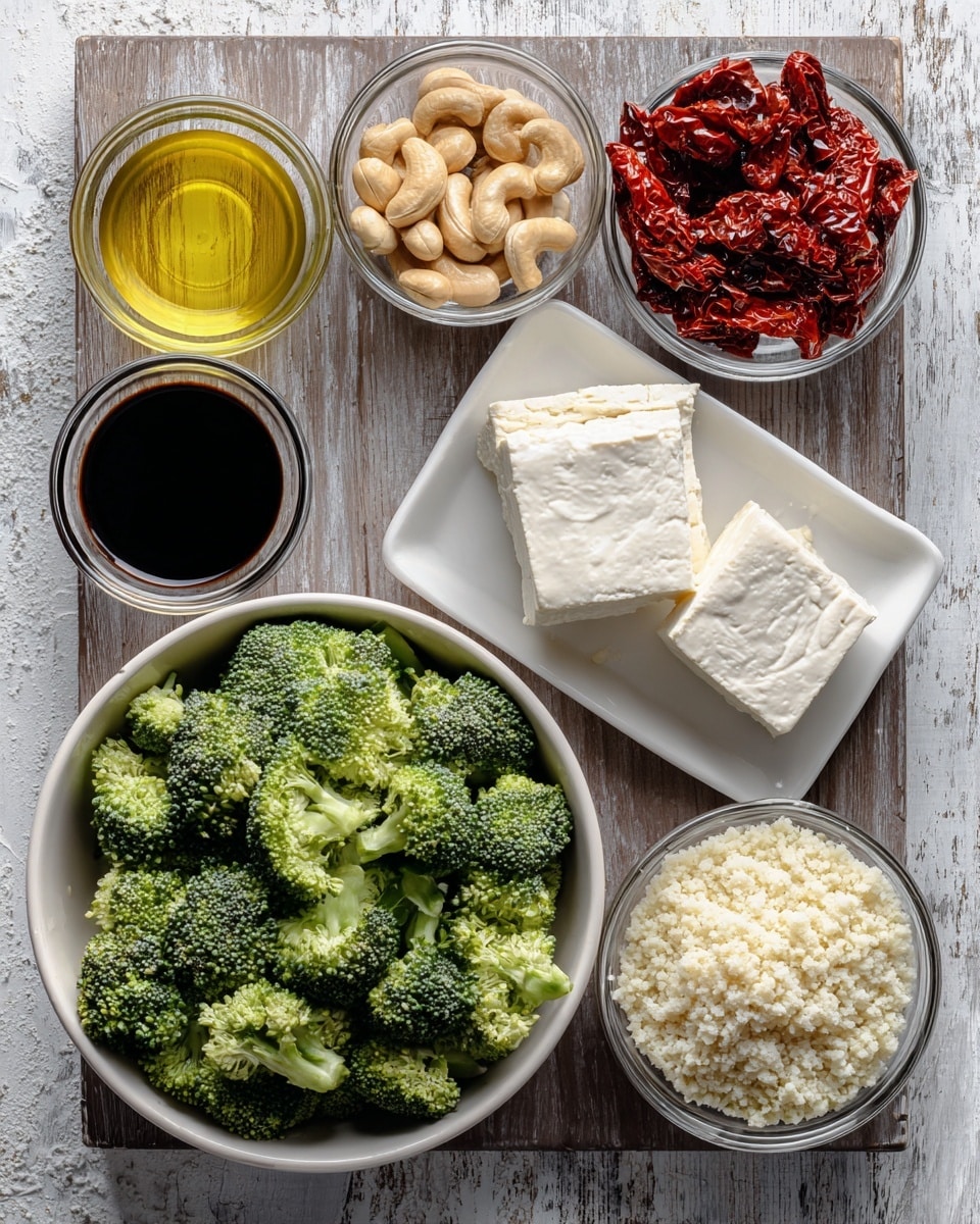 The image shows seven bowls and plates arranged neatly on a wooden surface. In the bottom left, a large white bowl is filled with fresh green broccoli florets. To the right of the broccoli bowl, a small white plate holds sun-dried tomatoes with a deep red color. Above this plate, a white square dish contains two thick white blocks of tofu stacked on top of each other. Centered above the tofu, a small glass bowl contains creamy cashew butter topped with whole cashews. To the left of this, a small white bowl holds dark soy sauce. Above the soy sauce, another white bowl contains bright yellow olive oil. At the top center, a white bowl is filled with dried red chili peppers. Finally, in the top right corner, a clear glass bowl contains light beige cauliflower rice. The setup is all placed on a white marbled textured background. photo taken with an iphone --ar 4:5 --v 7