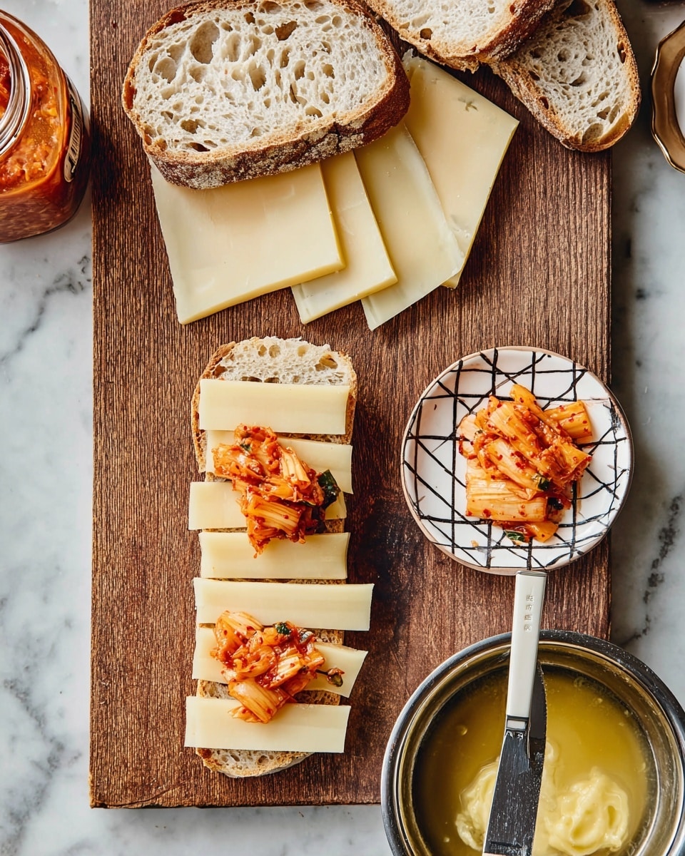 The image shows a wooden board with three slices of rustic bread arranged vertically. On the middle slice, there are five long, pale-yellow slices of cheese layered evenly, topped with a small pile of bright orange-red kimchi with visible chili flakes and some green vegetable pieces. Above the bread on the board are more slices of the same cheese stacked and overlapping. To the right on the board is a small white plate with a black cross pattern holding additional kimchi and a white fork. Below this plate is a metal saucepan with melted butter inside and a brush resting in the butter. The board is placed on a white marbled surface with a jar of kimchi visible at the top left. Photo taken with an iphone --ar 4:5 --v 7