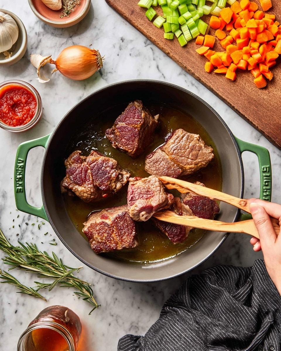 A dark gray cooking pot with two green handles holds five pieces of browned meat sizzling in oil. The pieces vary in size and shape, showing a rich brown crust with some pinkish-red areas near the edges. A woman's hand uses light brown wooden tongs to hold a smaller piece of meat near the bottom. To the top right, a wooden cutting board rests on a white marbled surface, with chopped orange carrots and green celery stalks in both whole and diced forms. Around the pot are small bowls with red tomato paste, a halved garlic bulb, and rosemary sprigs, along with an onion and a jar of amber liquid nearby. A gray and black striped cloth is folded to the right side. photo taken with an iphone --ar 4:5 --v 7