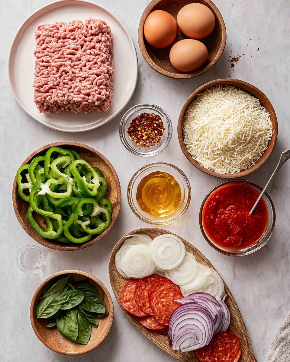 The image shows a top view of various pizza ingredients placed on a white marbled surface. On the left, there is a white plate with raw ground meat that looks light pink and textured in a rectangular shape. Above it, two brown eggs sit in a small wooden bowl. On the top right corner, there is a wooden bowl filled with fine, grated white cheese. Below the eggs, a small glass jar holds red chili flakes. Next to it on the right, a glass container holds bright red tomato sauce with a spoon inside. Underneath the ground meat plate, a small glass bowl contains golden honey with a wooden honey dipper. A wooden bowl nearby holds shredded white mozzarella cheese. A larger wooden platter filled with sliced green bell peppers and curved slices of red onion sits to the right. On the bottom left, a small wooden plate holds fresh green basil leaves. Lastly, a smaller bowl at the bottom center contains circular slices of pepperoni. photo taken with an iphone --ar 4:5 --v 7