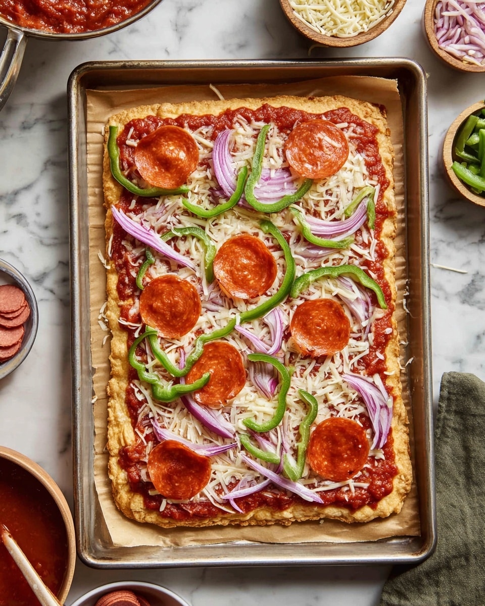 A rectangular pizza with a thick golden crust sits on brown parchment paper in a metal baking tray. The first layer is bright red tomato sauce spread evenly on the crust. On top of the sauce, a layer of shredded mozzarella cheese is scattered in white strands. Over the cheese, several round pepperoni slices with bright orange-red color are spread across the pizza. Green bell pepper strips and thin crescent slices of purple onion are arranged on top, adding fresh green and purple colors. The tray is placed on a white marbled surface, and bowls with more cheese, pepperoni, and sauce are visible around it. Photo taken with an iphone --ar 4:5 --v 7
