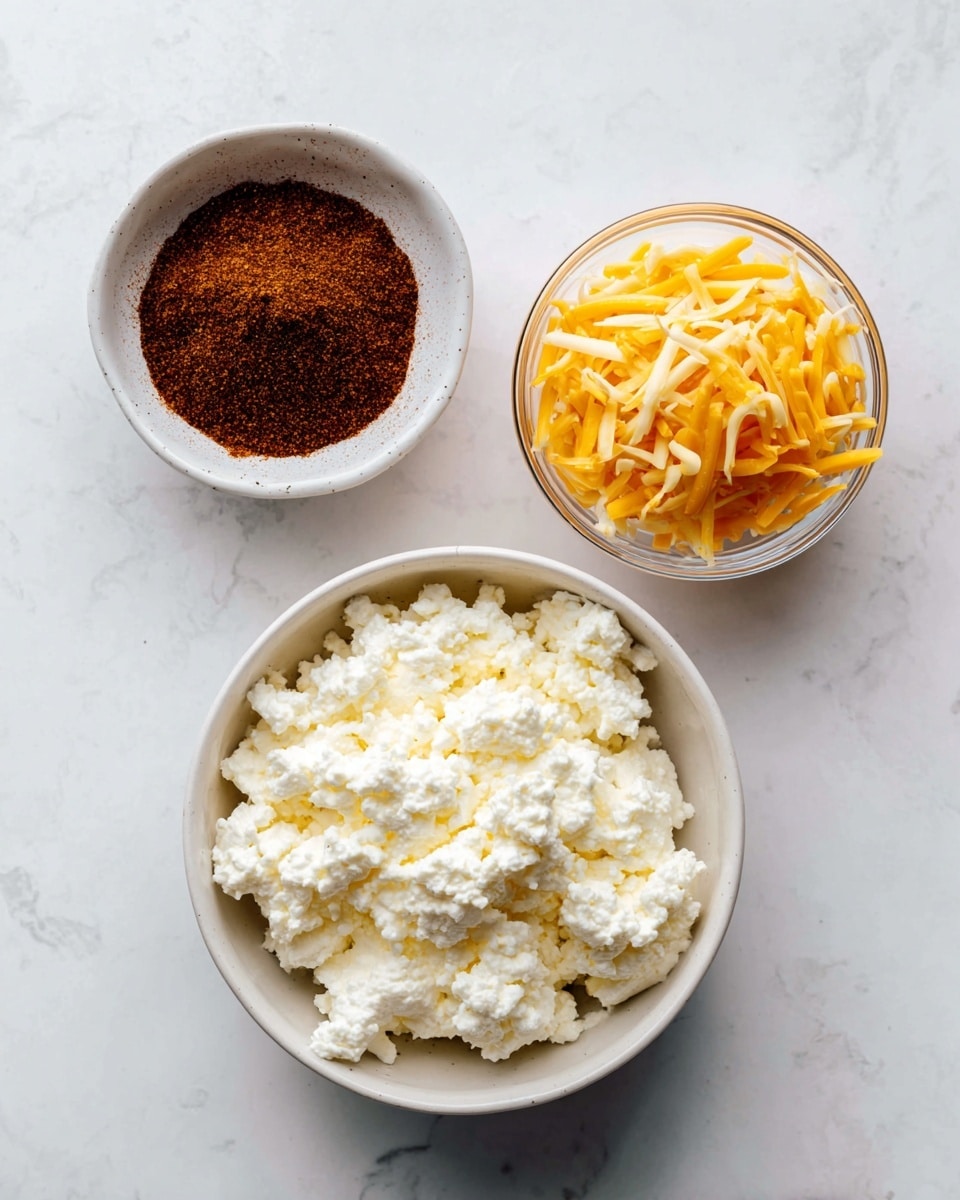 Three bowls sit on a white marbled surface. The largest bowl at the bottom left holds white, creamy cottage cheese with a bumpy texture. Above it to the left is a smaller white bowl filled with dark brown taco seasoning, looking powdery and fine. To the right, a small clear bowl contains shredded cheese in a mix of yellow and light orange shades, labeled as either pepper jack or cheddar. The shot is bright and clear, photo taken with an iphone --ar 4:5 --v 7