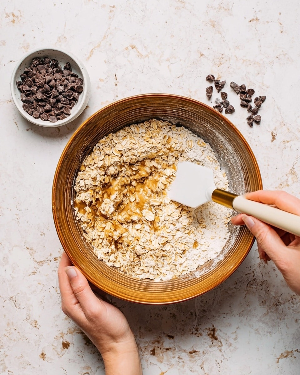 A close-up view of a large brown mixing bowl filled with a mixture of light brown dry flour and oat flakes combined with a thick, sticky golden syrup, showing some darker chocolate bits scattered within. A woman's left hand holds the bowl steady on the left side, while the woman's right hand uses a white spatula with a gold handle to stir the mixture inside. To the right of the bowl, there is a small white bowl filled with dark brown chocolate chips on a white marbled surface. The scene is bright and clear with soft natural light, photo taken with an iphone --ar 4:5 --v 7