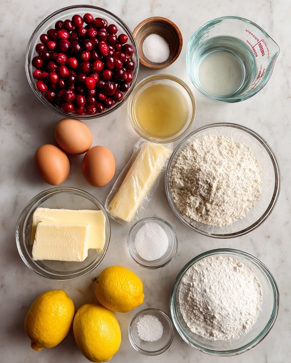 A top view of various clear glass bowls and items arranged neatly on a white marbled surface. There are bright red cranberries in a bowl at the top left, three brown eggs positioned below to the left, and a stick of butter wrapped in paper below the eggs. Two whole yellow lemons sit side by side near the bottom center. To the right of the lemons is a bowl of white flour, slightly heaped. Above the flour, a bowl filled with white powdered sugar. Above that, a small bowl with a light golden liquid labeled vanilla. A clear glass measuring cup with water sits at the top right corner. A small bowl of white salt is located near the center bottom. The items are all spaced evenly, showing a simple and clean layout. Photo taken with an iphone --ar 4:5 --v 7