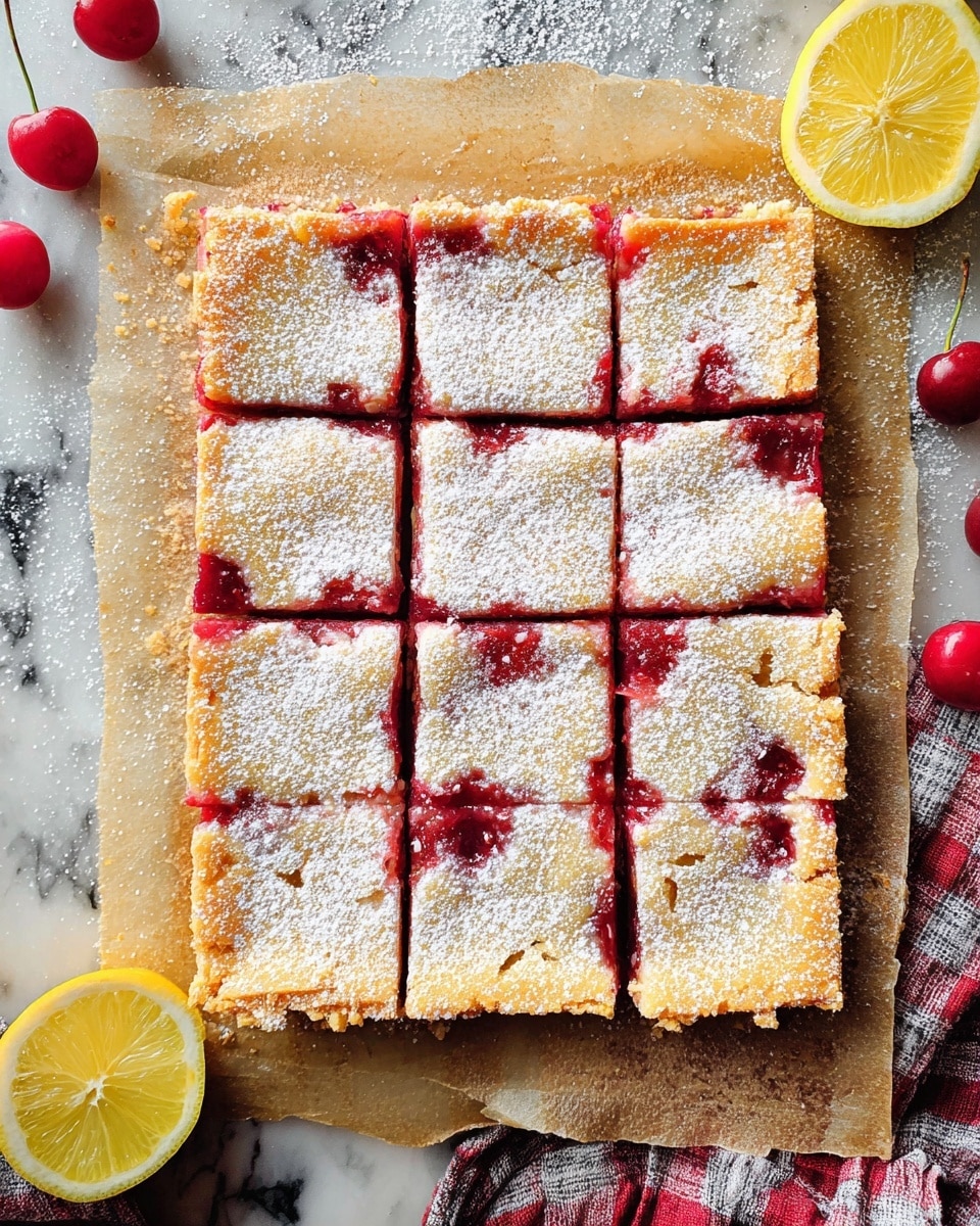 A square-shaped dessert with four rows and four columns of evenly cut bars sits on a piece of parchment paper over a white marbled texture. Each bar shows a golden crust on top with a light dusting of powdered sugar, slightly cracked to reveal a deep red fruit filling beneath. The crust looks soft and slightly crumbly, while the fruit filling peeks out around the edges, adding a vibrant splash of red. Around the dessert, there are a few bright red whole cherries and two squeezed lemon halves with a yellow peel and pale inside. On the bottom right corner, a checkered cloth is partially visible. photo taken with an iphone --ar 4:5 --v 7