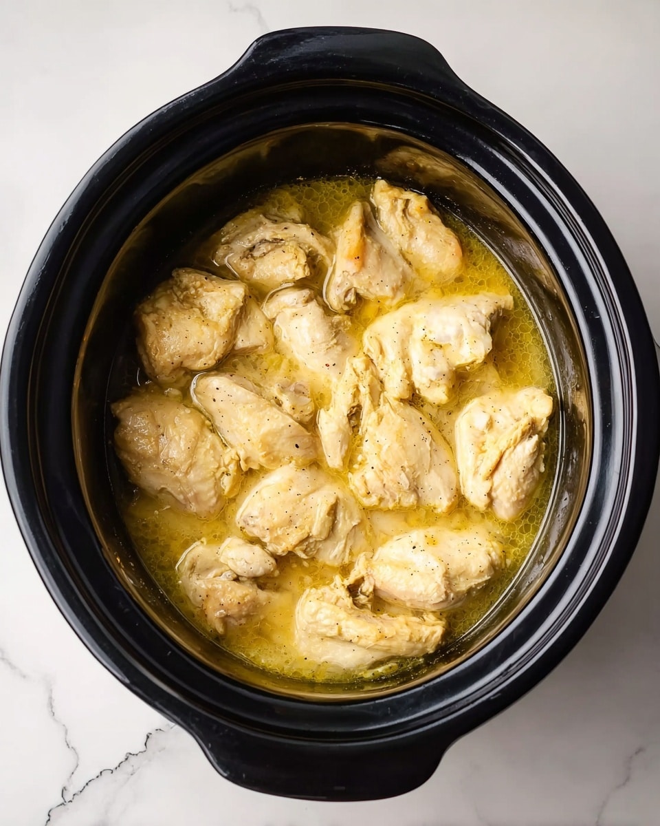 The image shows a black slow cooker filled with several pieces of light golden cooked chicken sitting in a clear, light yellow broth. The chicken pieces are arranged closely together, almost covering the entire surface of the broth. The slow cooker has two handles on each side and rests on a white marbled surface. The texture of the chicken appears soft and slightly moist with a few visible light seasoning spots. The overall scene is clean and simple with soft lighting. photo taken with an iphone --ar 4:5 --v 7