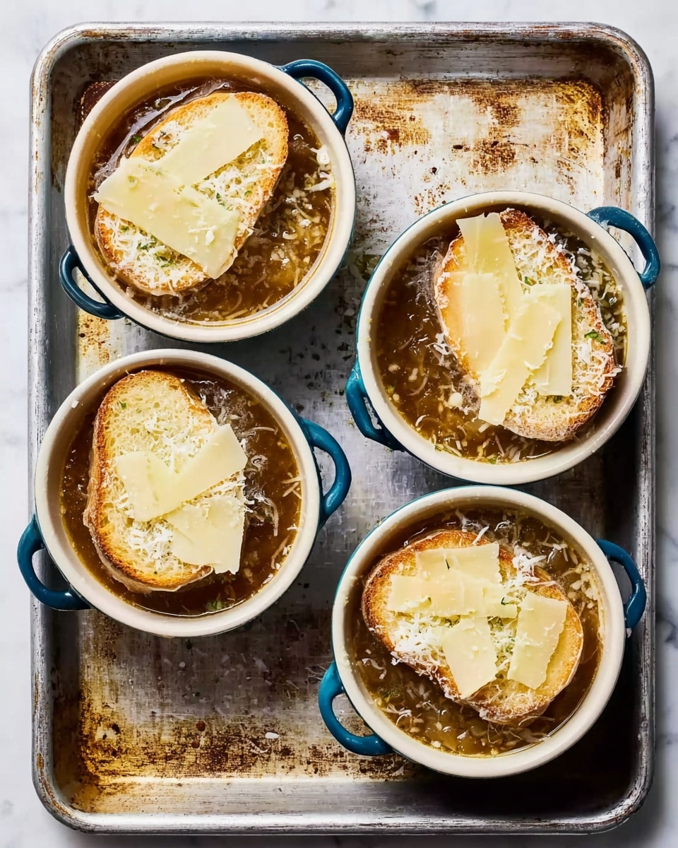 Three round white bowls with blue handles sit on a metal baking tray with some browned spots. Each bowl contains a dark brown broth base filled with onions and herbs, topped with a single round toasted bread slice. The bread is covered by several uneven slices of pale yellow cheese, with a light sprinkling of grated white cheese on top. The bowls are arranged in a triangular pattern on a white marbled surface, and the photo is taken from above. photo taken with an iphone --ar 4:5 --v 7