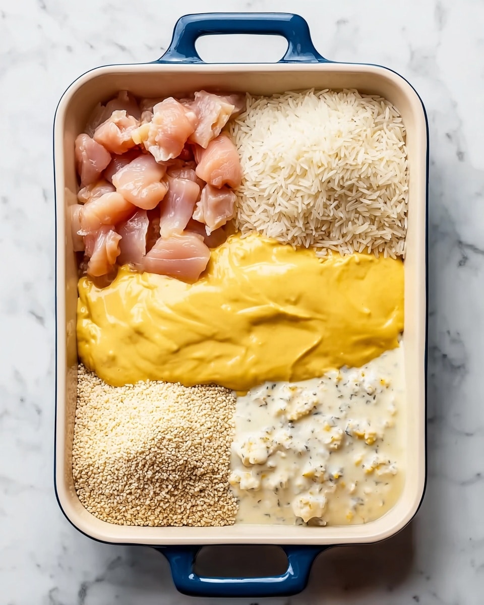 A white rectangular dish with blue handles is divided into five sections: the top left holds small pieces of raw light pink chicken, the bottom left has a pile of uncooked white rice grains, the top right contains a yellow creamy sauce with small bits inside, the bottom right shows a thick white sauce with specks, and in the center is a large dollop of smooth bright yellow sauce. The dish is placed on a white marbled surface. photo taken with an iphone --ar 4:5 --v 7