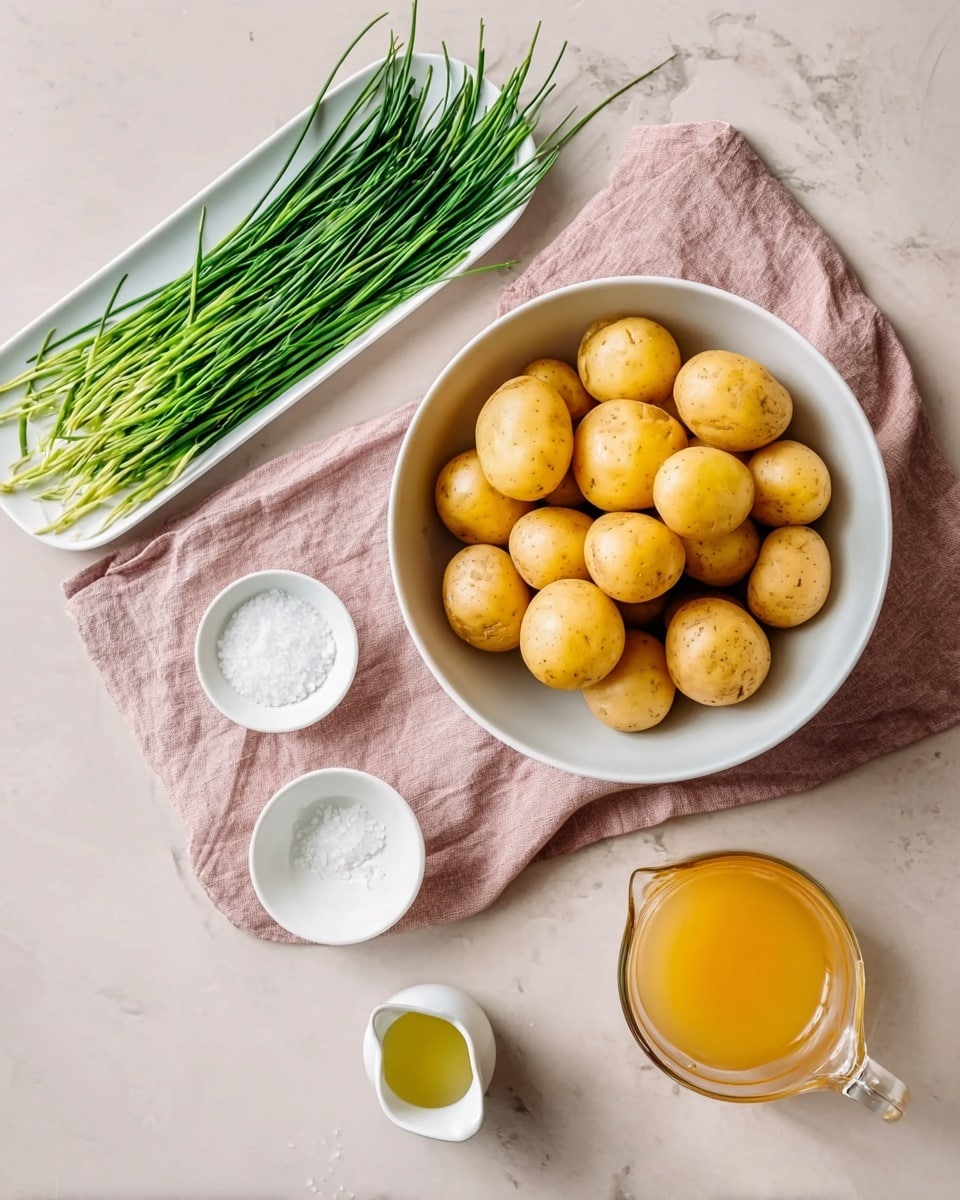 The image shows a white bowl filled with many small yellow potatoes, resting on a soft pink cloth on a white marbled surface. To the left of the bowl, there is a long white dish holding a bunch of fresh green chives. Below the bowl are four small white containers: one with coarse salt crystals, one with a small amount of clear oil in a tiny white pitcher, one with fine white salt, and one transparent measuring jug filled with golden-yellow broth. The setup is neat and bright, showing fresh ingredients prepared for cooking photo taken with an iphone --ar 4:5 --v 7