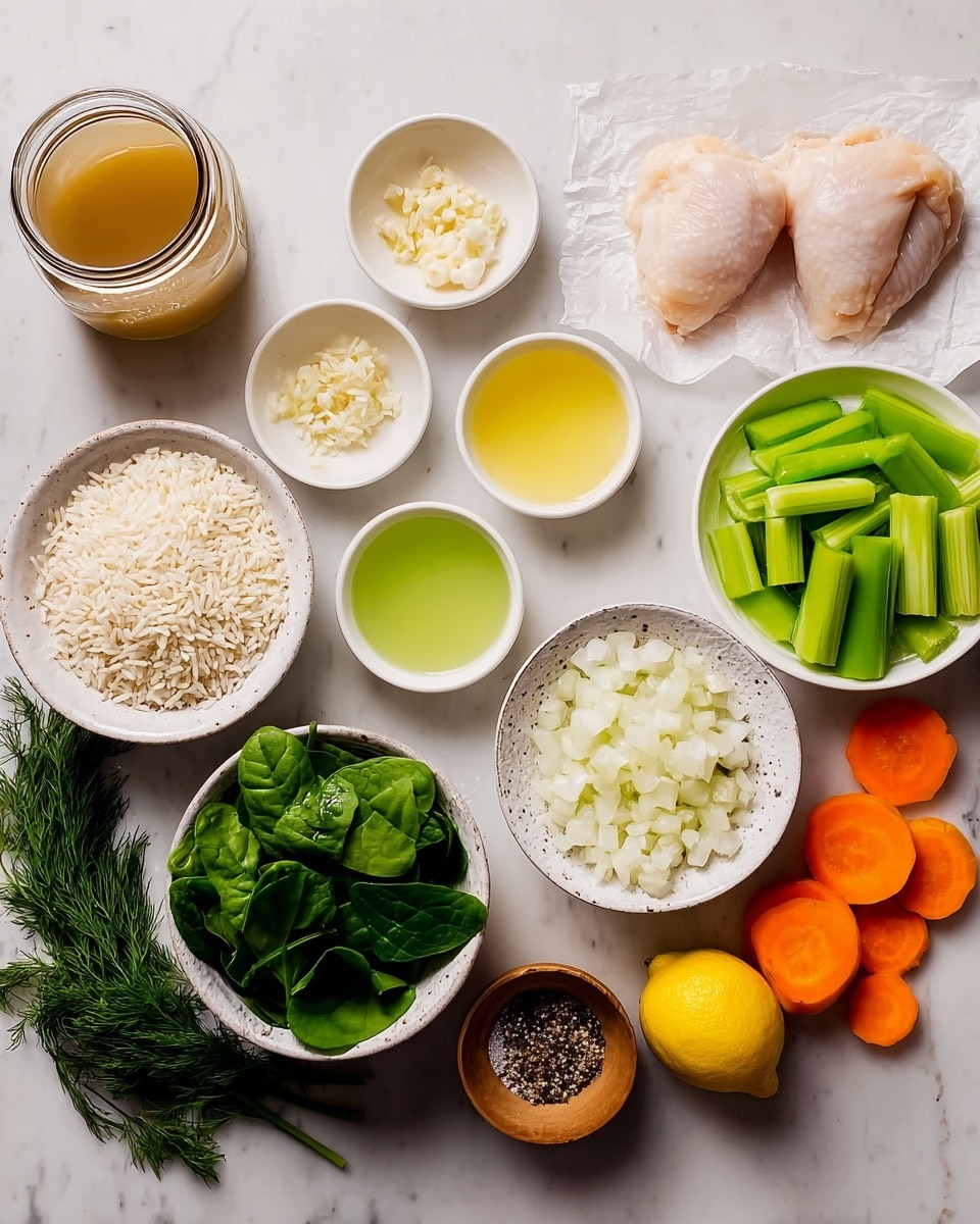 The image shows an arrangement of fresh ingredients on a white marbled surface. Starting from the top left, there is a glass jar filled with a light brown liquid, likely broth, next to a small white bowl with minced garlic. Below that, two small white bowls hold a pale yellow liquid and a light green liquid. To the right, two white bowls are filled with bright green sliced celery and round orange carrot slices. Nearby, two raw chicken pieces rest on white paper. In the center, a textured white bowl is filled with uncooked white rice. Below this, a white bowl contains chopped white onions, and fresh green spinach leaves lie loosely next to a whole lemon and sprigs of green dill. On the far right, a small wooden bowl holds salt and black pepper. The ingredients are neatly arranged with clear distinct colors and textures, creating a clean and fresh look. Photo taken with an iphone --ar 4:5 --v 7