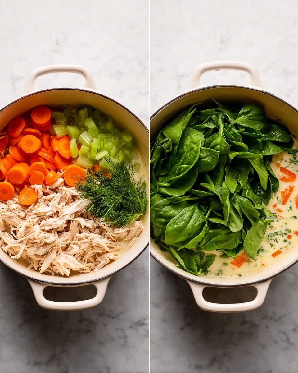 A white pot is shown from above with four main layers: in the center, shredded light beige chicken sits neat; to the left are bright orange carrot slices; above the carrots are pale green celery pieces; and between the chicken and carrots is a small bunch of fresh green dill. The pot rests on a white marbled surface. In the second image, the same white pot is filled with creamy light yellow soup mixed with chopped orange carrots and green herbs. On the right side inside the pot, a pile of fresh dark green spinach leaves lay on top of the soup. The pot is again placed on a white marbled surface. photo taken with an iphone --ar 4:5 --v 7