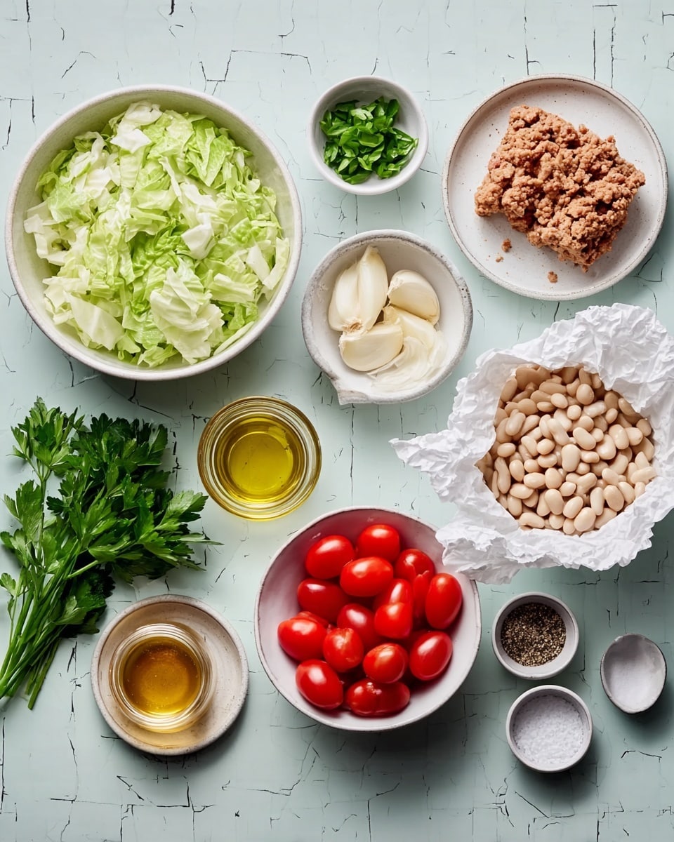 The image shows a top view of various fresh ingredients arranged neatly on a white marbled texture. Starting from the top left, there is a white bowl filled with chopped light green cabbage leaves. In the center top, a small white dish contains green leafy herbs. Below that, a small white bowl holds sliced white garlic. To the right, a piece of brown browned ground meat rests on crumpled white parchment paper. Next to it on the far right, a white bowl is filled with light beige white beans, with a bunch of fresh green parsley placed beside it. At the bottom left, there is a small glass jar filled with golden honey and next to it, a small white bowl contains golden yellow olive oil. In the center bottom, a white bowl holds bright red cherry tomatoes. Lastly, at the bottom right, there are two small round dishes, one with white salt and the other with black pepper. The photo taken with an iphone --ar 4:5 --v 7