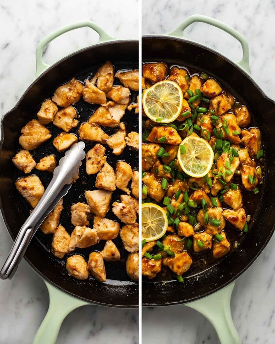 The image shows two side-by-side views of a cooking pan on a white marbled surface. On the left side, small pieces of golden-brown cooked chicken are spread out in the black cast iron pan, with a pair of metal tongs resting inside. On the right side, the black pan is filled with the same cooked chicken pieces, now coated with a shiny sauce. Thin, white lemon slices and bright green chopped spring onions are scattered evenly on top of the chicken, adding fresh color and texture contrast. The pan has a light green handle, and the scene is well-lit to highlight the glossy sauce and fresh garnishes photo taken with an iphone --ar 4:5 --v 7