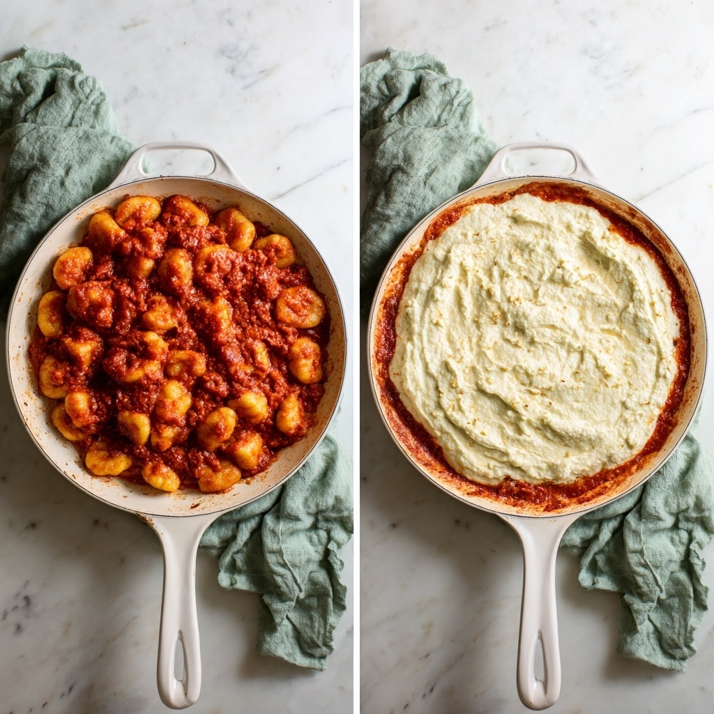 The image shows two views of a white cast iron skillet on a white marbled surface, with a crumpled green cloth to the side. The first view features a thick layer of bright red sauce with pieces of orange-colored shrimp spread evenly inside the skillet. The second view shows a new smooth, pale cream layer spread evenly over the red sauce and shrimp, covering them completely. The skillet has a long white handle and the lighting is soft and natural. photo taken with an iphone --ar 4:5 --v 7