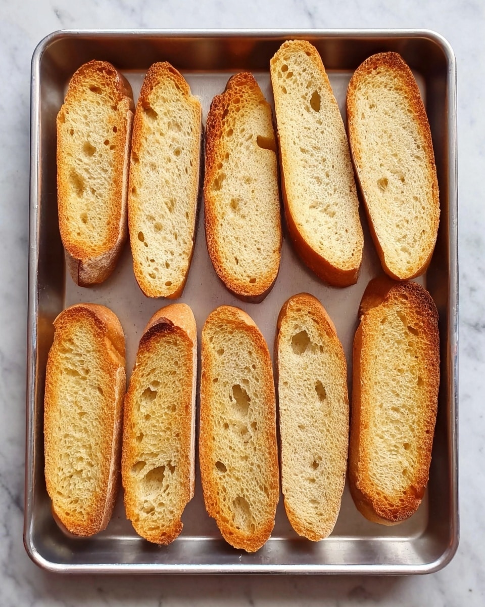 The image shows a silver baking tray holding eight long slices of toasted bread arranged in two rows. The bread slices are golden brown with some areas lighter and some darker, showing a crispy texture with small holes and an airy crumb. The toasts have a slightly rough surface and uneven edges. The tray sits on a white marbled surface. photo taken with an iphone --ar 4:5 --v 7