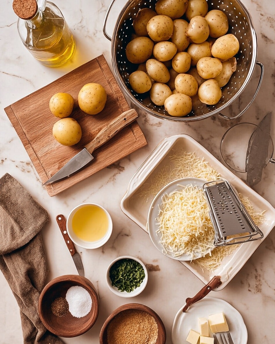The image shows a white baking dish at the bottom left on a white marbled surface, next to a brown cloth. Above is a wooden board with four small yellow potatoes, two whole and two cut in half, alongside a knife with a wooden handle. To the top is a silver colander filled with many small whole potatoes. On the right of the colander is a white plate with a pile of grated cheese and a metal grater resting on it. Below the plate, there is a small white bowl with melted butter. To the bottom right of the board, there is a small brown bowl filled with brown sugar and a small spoon. To the left of the board, there is a dark brown bowl with pepper and a small white bowl with chopped herbs. To the far left is a bottle of oil. photo taken with an iphone --ar 4:5 --v 7